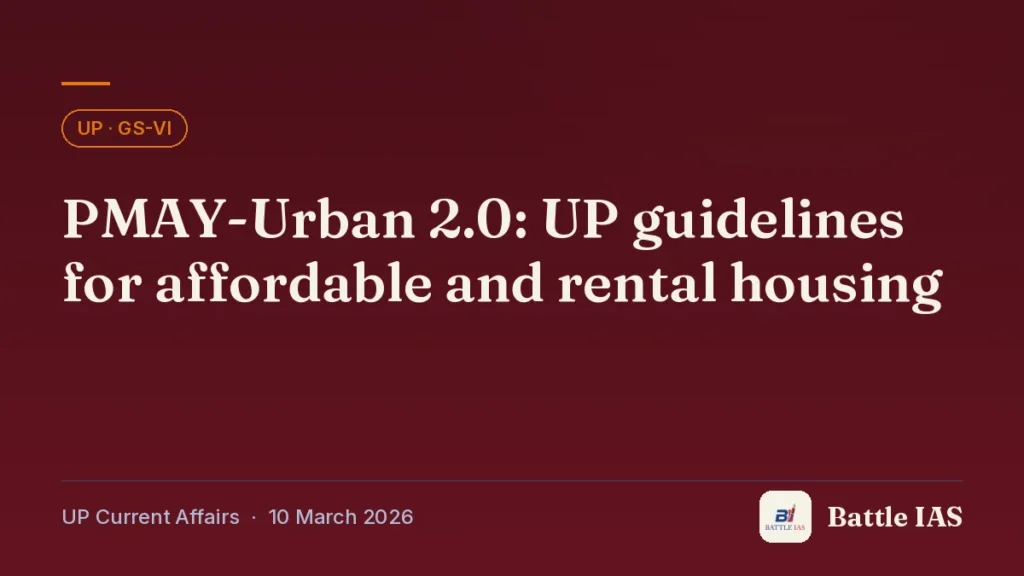 Battle IAS UP current affairs title card: PMAY-Urban 2.0: UP guidelines for affordable and rental housing (, 10 March 2026)