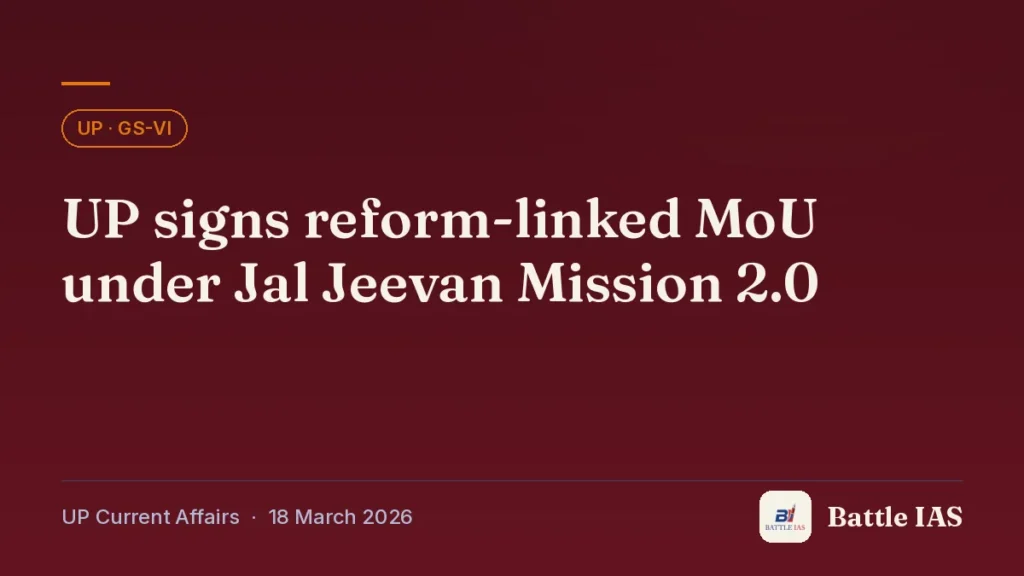 Battle IAS UP current affairs title card: UP signs reform-linked MoU under Jal Jeevan Mission 2.0 (, 18 March 2026)