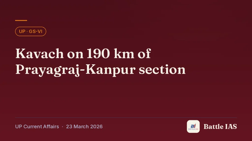 Battle IAS UP current affairs title card: Kavach on 190 km of Prayagraj-Kanpur section (, 23 March 2026)
