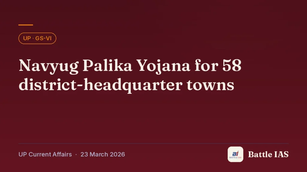 Battle IAS UP current affairs title card: Navyug Palika Yojana for 58 district-headquarter towns (, 23 March 2026)
