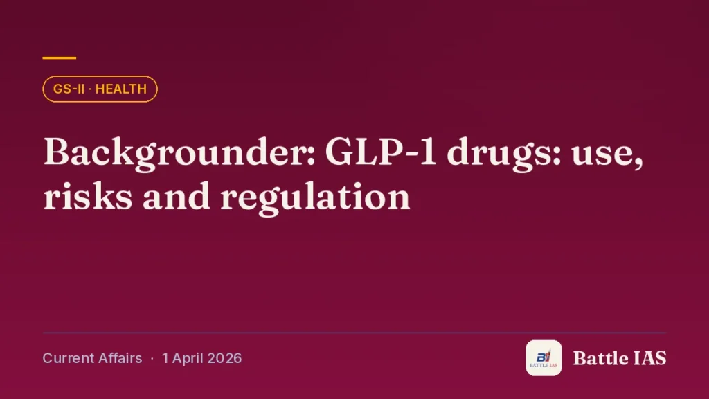 Battle IAS current affairs title card: Backgrounder: GLP-1 drugs: use, risks and regulation (GS2 · Health, 1 April 2026)