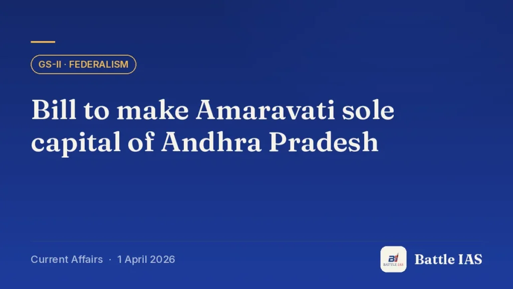 Battle IAS current affairs title card: Bill to make Amaravati sole capital of Andhra Pradesh (GS2 · Federalism, 1 April 2026)