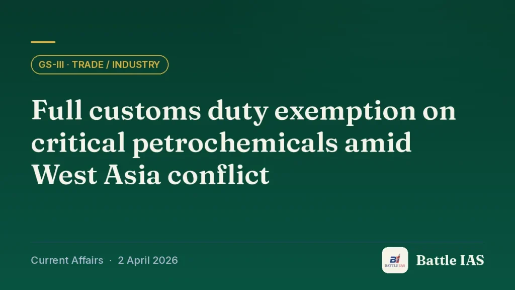 Battle IAS current affairs title card: Full customs duty exemption on critical petrochemicals amid West Asia conflict (GS3 · Trade / industry, 2 April 2026)