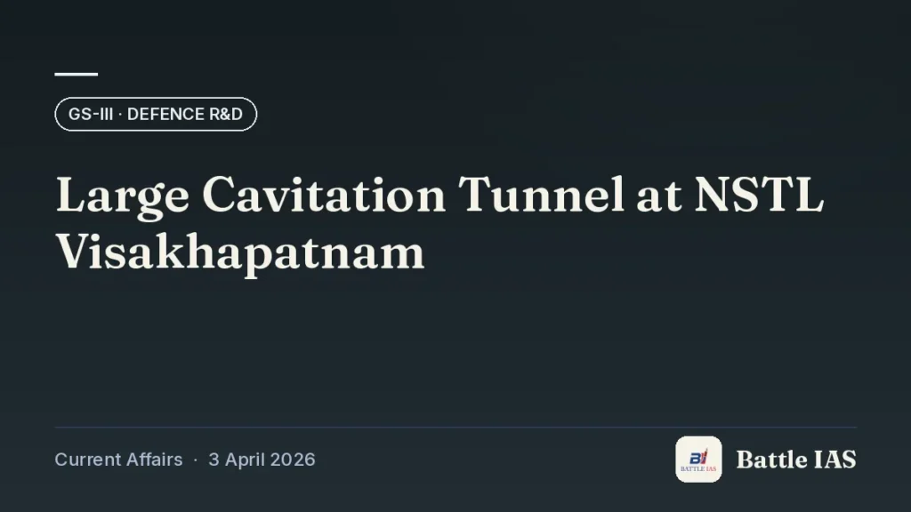 Battle IAS current affairs title card: Large Cavitation Tunnel at NSTL Visakhapatnam (GS3 · Defence R&D, 3 April 2026)