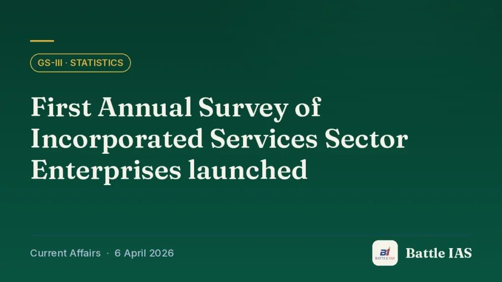Battle IAS current affairs title card: First Annual Survey of Incorporated Services Sector Enterprises launched (GS3 · Statistics, 6 April 2026)
