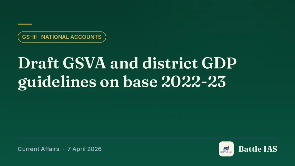 Battle IAS current affairs title card: Draft GSVA and district GDP guidelines on base 2022-23 (GS3 · National accounts, 7 April 2026)