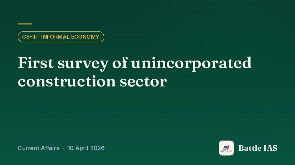 Battle IAS current affairs title card: First survey of unincorporated construction sector (GS3 · Informal economy, 10 April 2026)