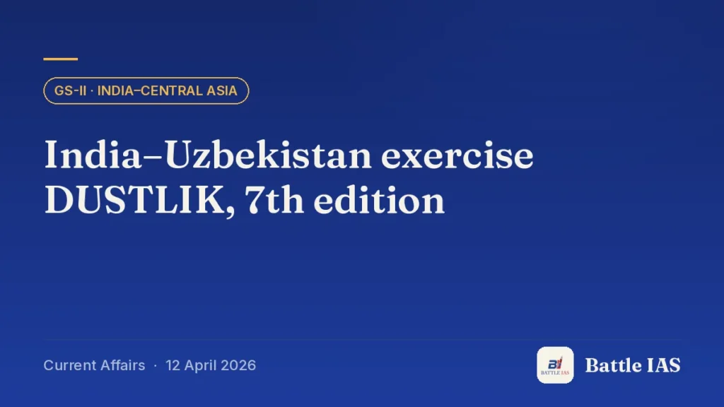 Battle IAS current affairs title card: India–Uzbekistan exercise DUSTLIK, 7th edition (GS2 · India–Central Asia, 12 April 2026)