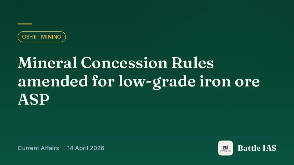 Battle IAS current affairs title card: Mineral Concession Rules amended for low-grade iron ore ASP (GS3 · Mining, 14 April 2026)