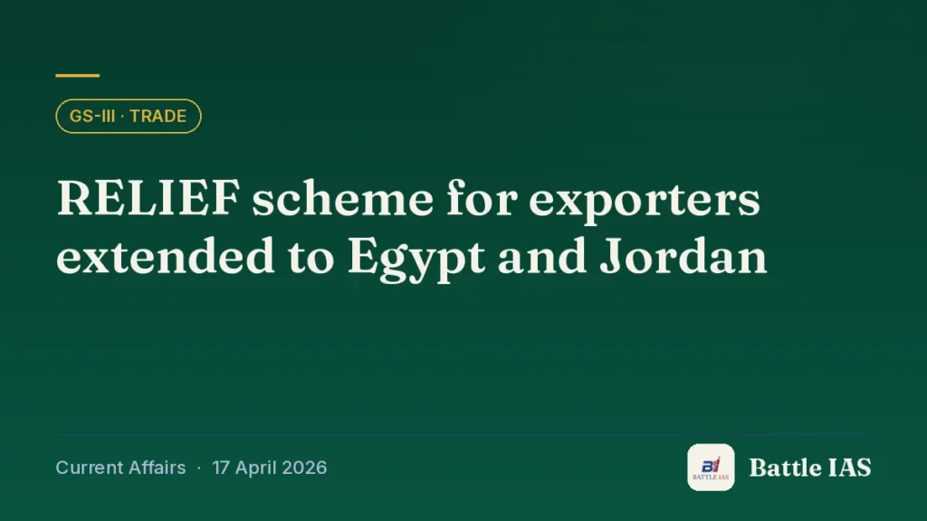 Battle IAS current affairs title card: RELIEF scheme for exporters extended to Egypt and Jordan (GS3 · Trade, 17 April 2026)