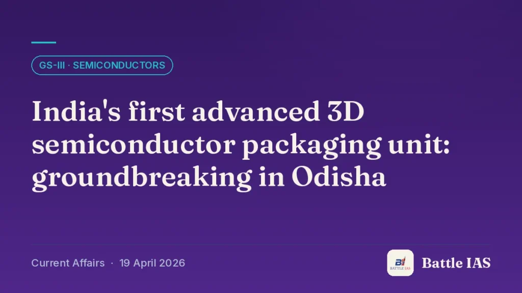 Battle IAS current affairs title card: India's first advanced 3D semiconductor packaging unit: groundbreaking in Odisha (GS3 · Semiconductors, 19 April 2026)