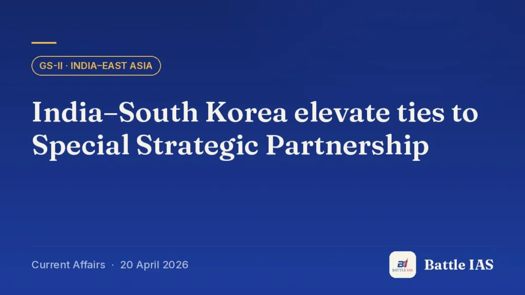 Battle IAS current affairs title card: India–South Korea elevate ties to Special Strategic Partnership (GS2 · India–East Asia, 20 April 2026)