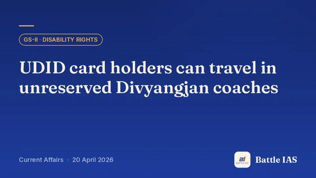 Battle IAS current affairs title card: UDID card holders can travel in unreserved Divyangjan coaches (GS2 · Disability rights, 20 April 2026)