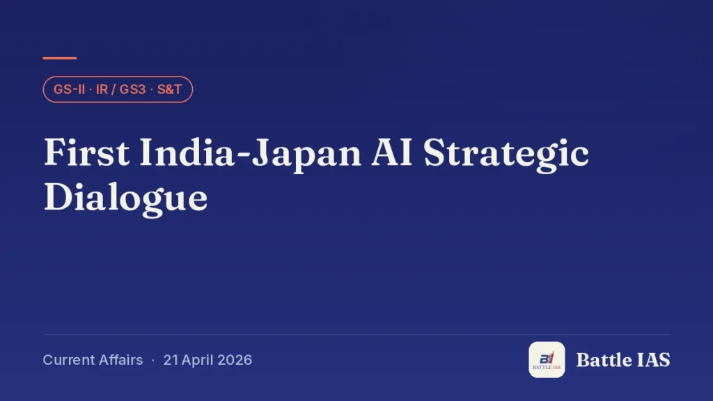 Battle IAS current affairs title card: First India-Japan AI Strategic Dialogue (GS2 · IR / GS3 · S&T, 21 April 2026)