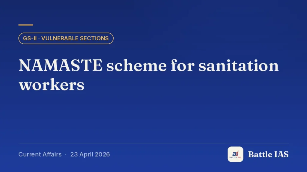 Battle IAS current affairs title card: NAMASTE scheme for sanitation workers (GS2 · Vulnerable sections, 23 April 2026)