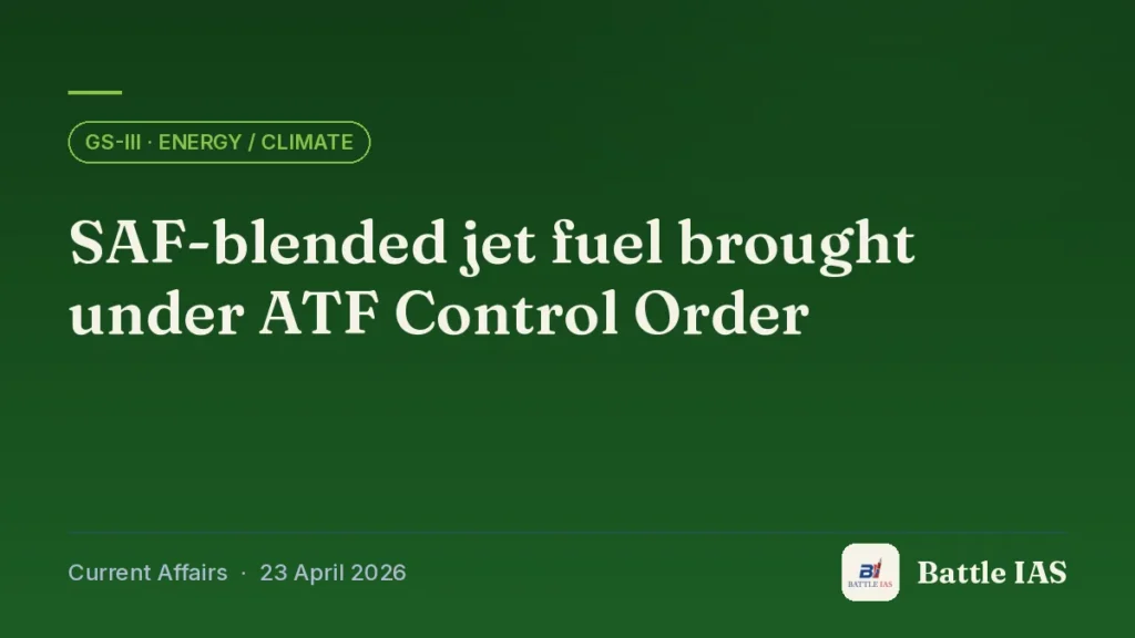 Battle IAS current affairs title card: SAF-blended jet fuel brought under ATF Control Order (GS3 · Energy / climate, 23 April 2026)