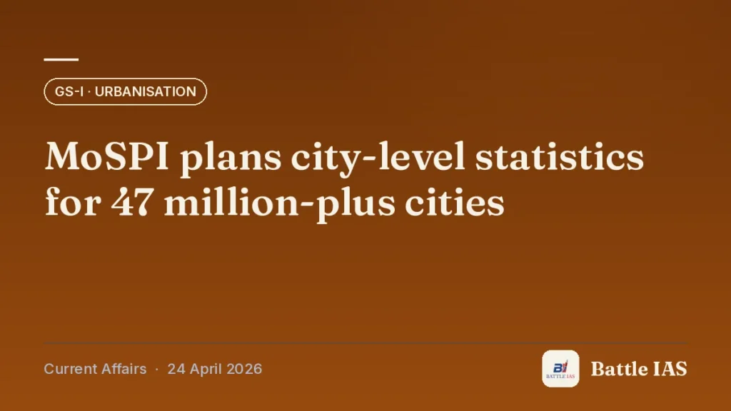 Battle IAS current affairs title card: MoSPI plans city-level statistics for 47 million-plus cities (GS1 · Urbanisation, 24 April 2026)