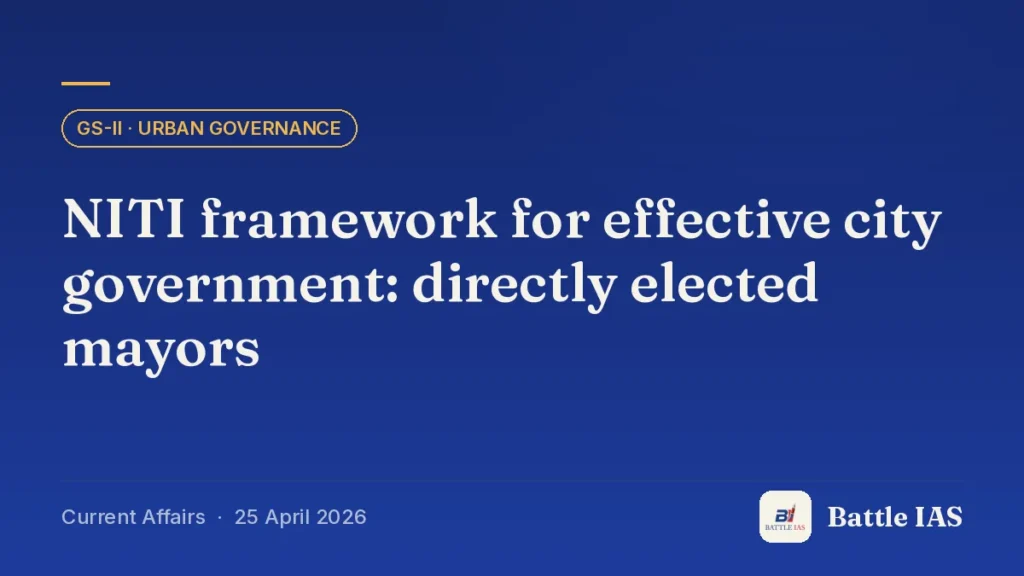 Battle IAS current affairs title card: NITI framework for effective city government: directly elected mayors (GS2 · Urban governance, 25 April 2026)