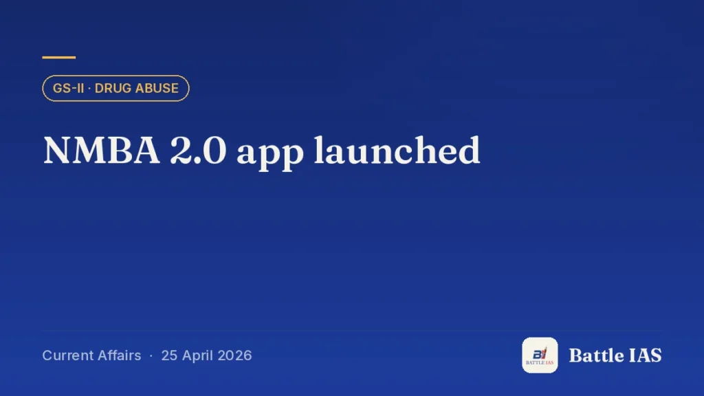 Battle IAS current affairs title card: NMBA 2.0 app launched (GS2 · Drug abuse, 25 April 2026)