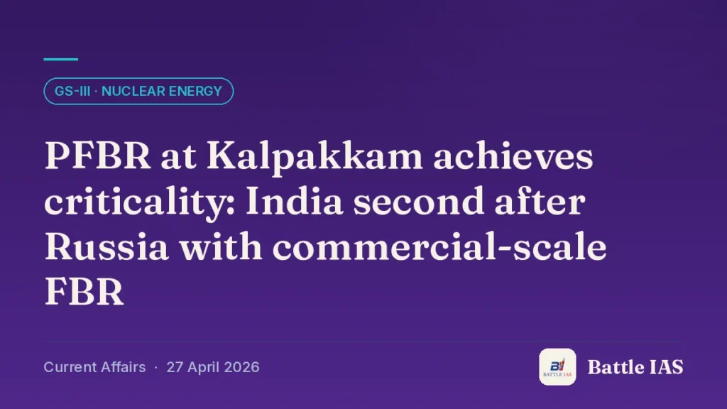 Battle IAS current affairs title card: PFBR at Kalpakkam achieves criticality: India second after Russia with commercial-scale FBR (GS3 · Nuclear energy, 27 April 2026)