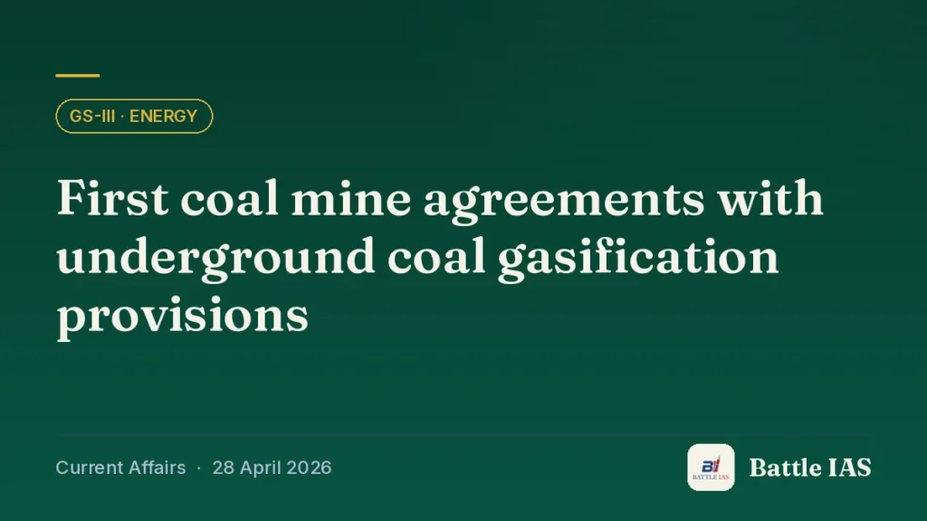 Battle IAS current affairs title card: First coal mine agreements with underground coal gasification provisions (GS3 · Energy, 28 April 2026)