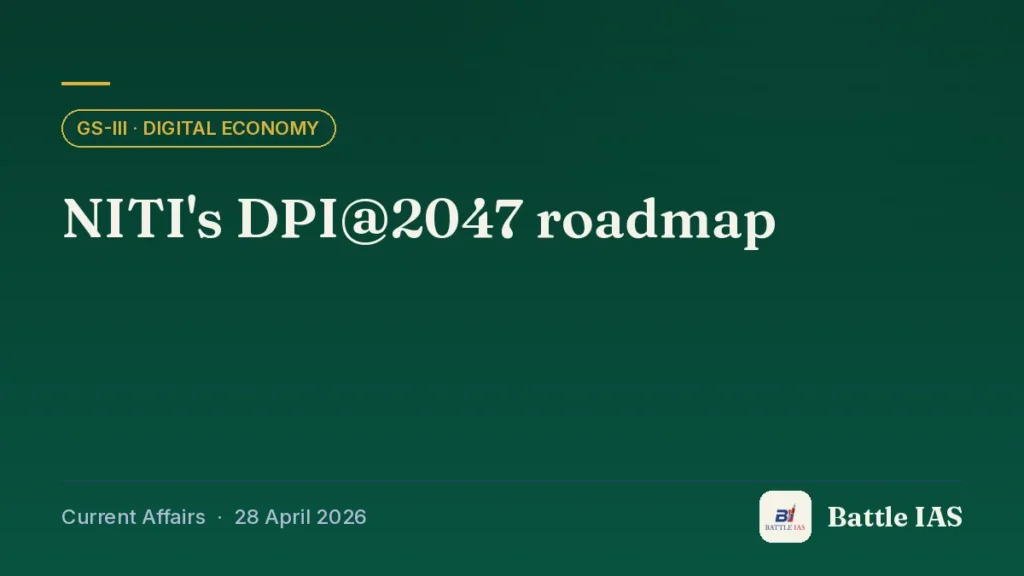 Battle IAS current affairs title card: NITI's DPI@2047 roadmap (GS3 · Digital economy, 28 April 2026)
