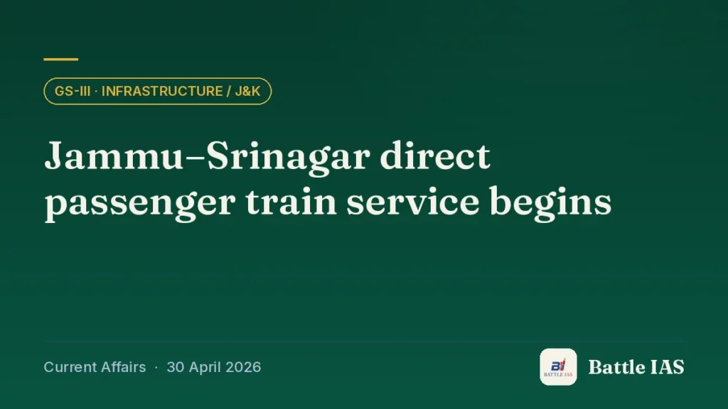 Battle IAS current affairs title card: Jammu–Srinagar direct passenger train service begins (GS3 · Infrastructure / J&K, 30 April 2026)