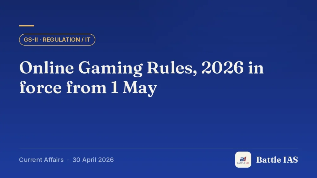 Battle IAS current affairs title card: Online Gaming Rules, 2026 in force from 1 May (GS2 · Regulation / IT, 30 April 2026)