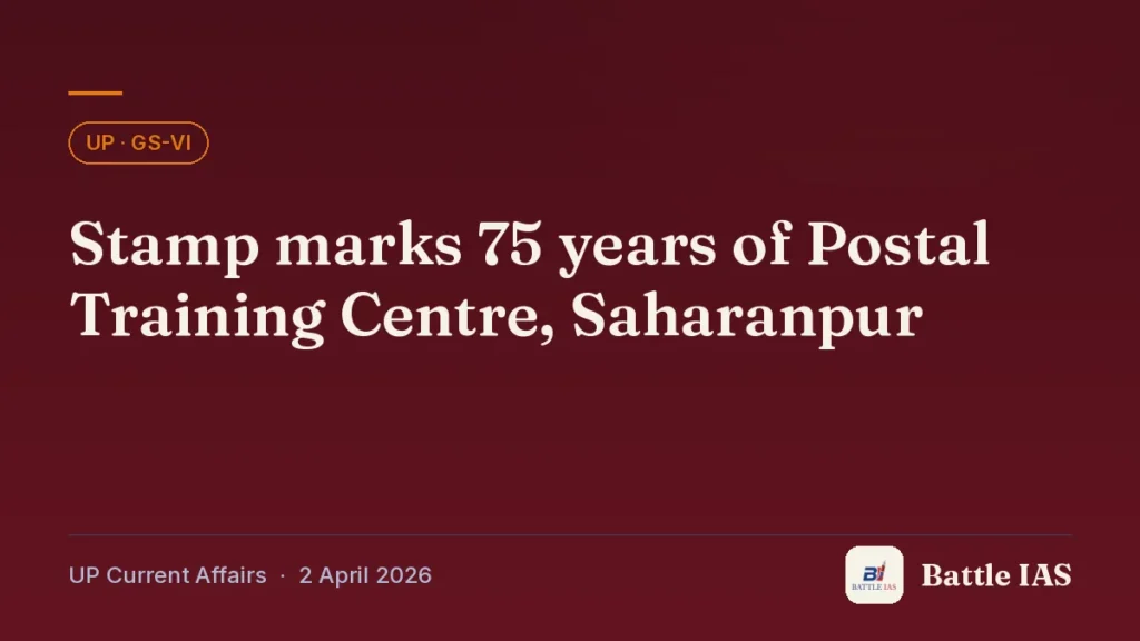 Battle IAS UP current affairs title card: Stamp marks 75 years of Postal Training Centre, Saharanpur (, 2 April 2026)