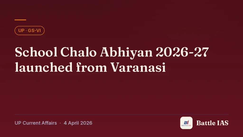 Battle IAS UP current affairs title card: School Chalo Abhiyan 2026-27 launched from Varanasi (, 4 April 2026)