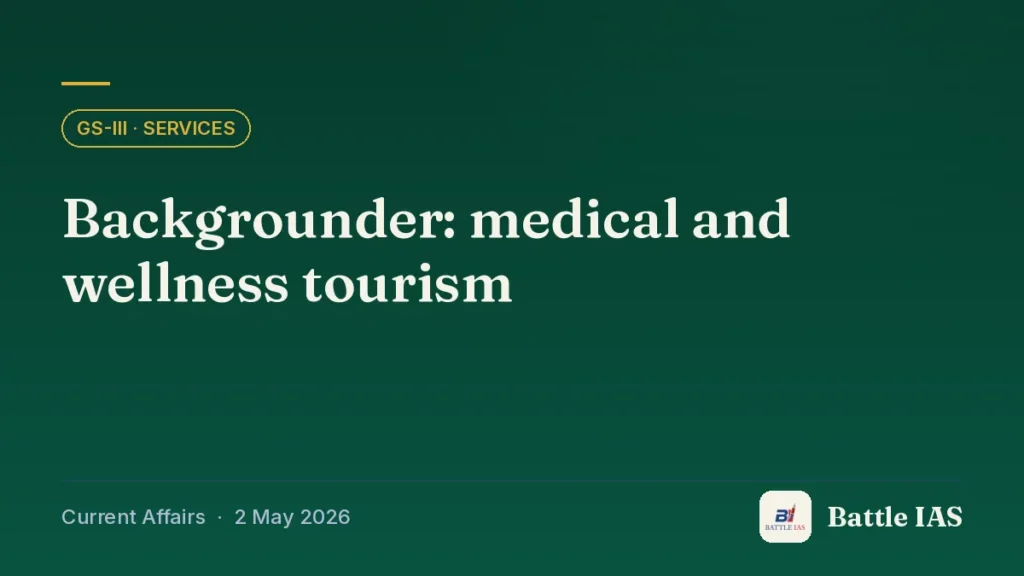 Battle IAS current affairs title card: Backgrounder: medical and wellness tourism (GS3 · Services, 2 May 2026)