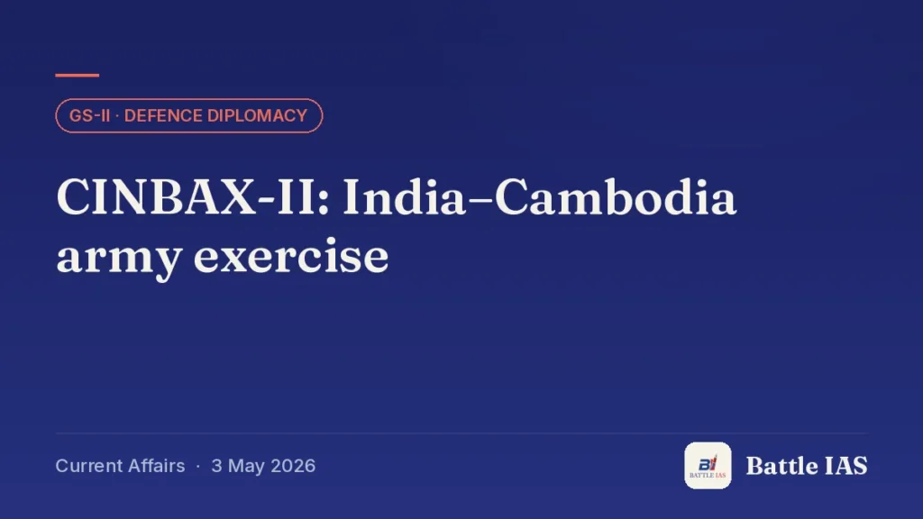 Battle IAS current affairs title card: CINBAX-II: India–Cambodia army exercise (GS2 · Defence diplomacy, 3 May 2026)