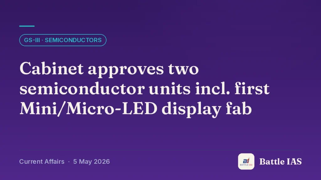 Battle IAS current affairs title card: Cabinet approves two semiconductor units incl. first Mini/Micro-LED display fab (GS3 · Semiconductors, 5 May 2026)