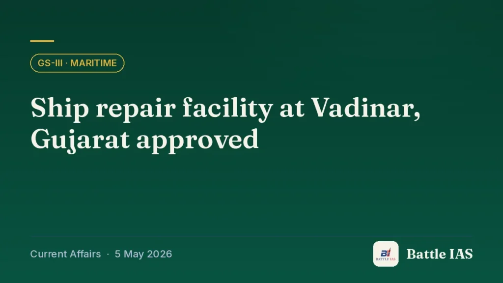Battle IAS current affairs title card: Ship repair facility at Vadinar, Gujarat approved (GS3 · Maritime, 5 May 2026)