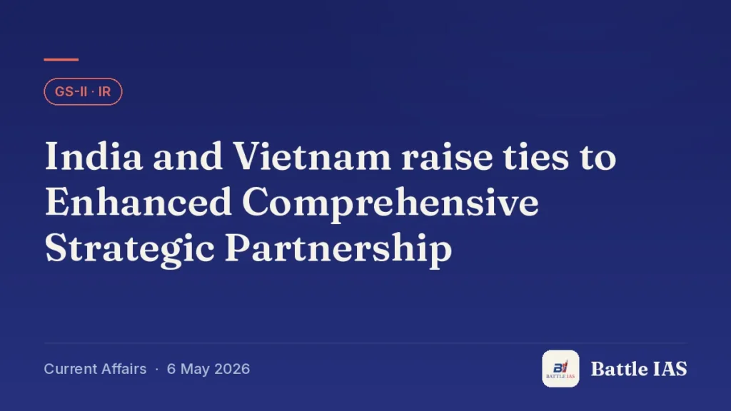 Battle IAS current affairs title card: India and Vietnam raise ties to Enhanced Comprehensive Strategic Partnership (GS2 · IR, 6 May 2026)