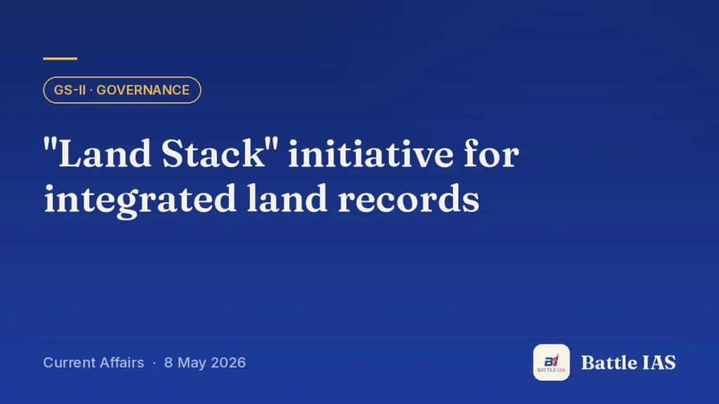 Battle IAS current affairs title card: "Land Stack" initiative for integrated land records (GS2 · Governance, 8 May 2026)