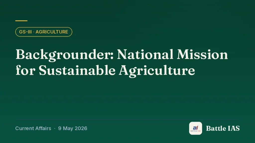 Battle IAS current affairs title card: Backgrounder: National Mission for Sustainable Agriculture (GS3 · Agriculture, 9 May 2026)