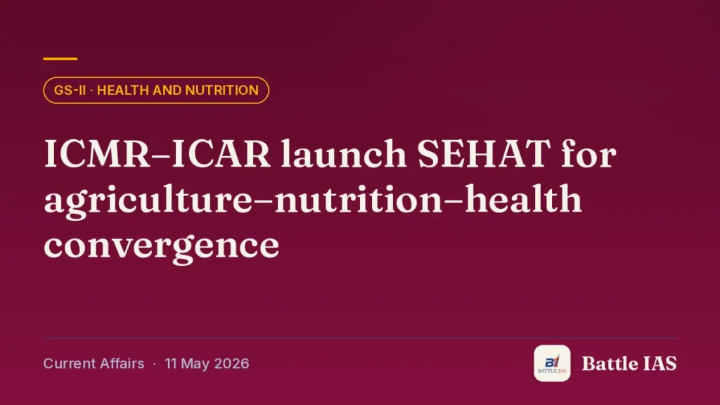 Battle IAS current affairs title card: ICMR–ICAR launch SEHAT for agriculture–nutrition–health convergence (GS2 · Health and nutrition, 11 May 2026)