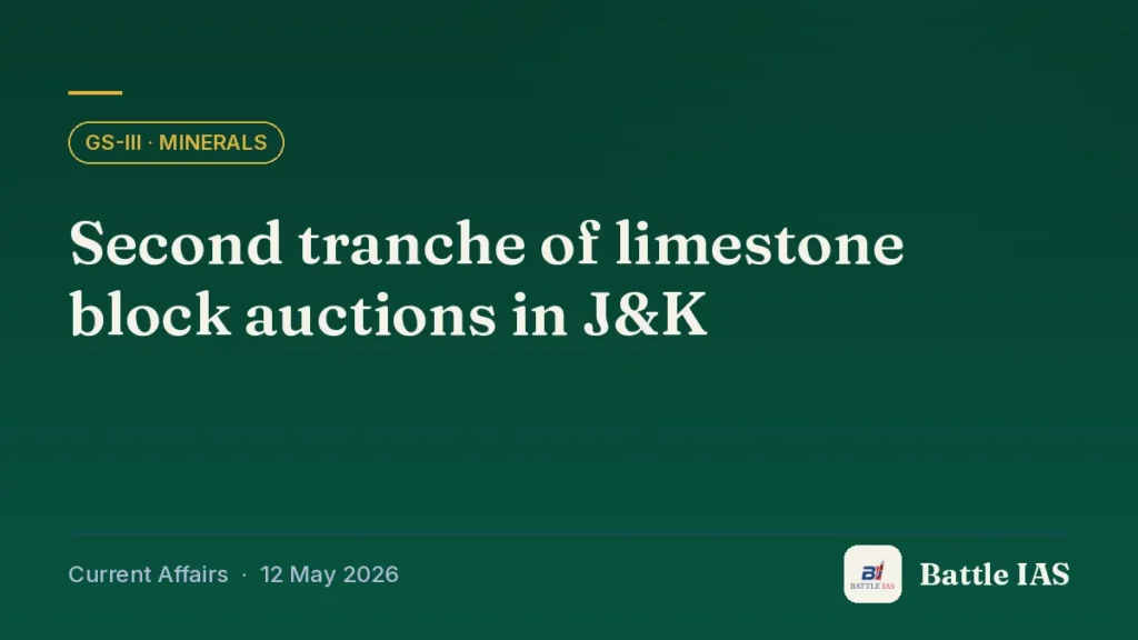 Battle IAS current affairs title card: Second tranche of limestone block auctions in J&K (GS3 · Minerals, 12 May 2026)