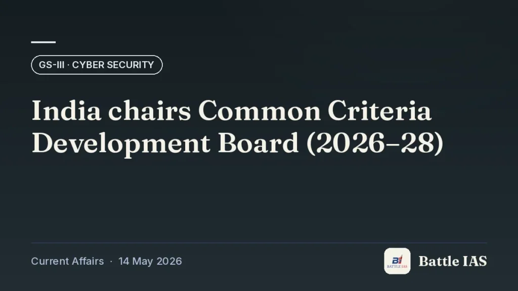Battle IAS current affairs title card: India chairs Common Criteria Development Board (2026–28) (GS3 · Cyber security, 14 May 2026)