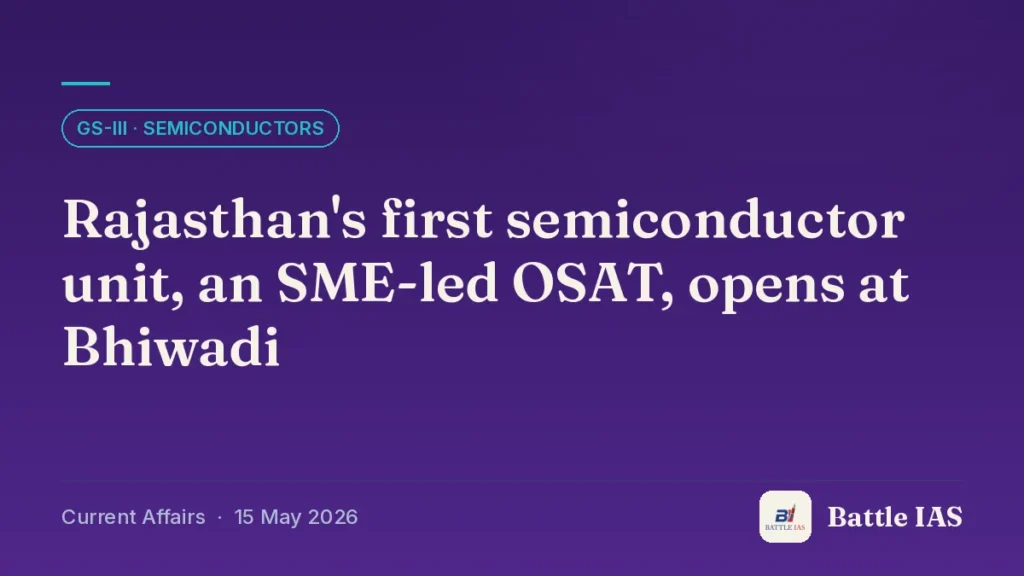 Battle IAS current affairs title card: Rajasthan's first semiconductor unit, an SME-led OSAT, opens at Bhiwadi (GS3 · Semiconductors, 15 May 2026)