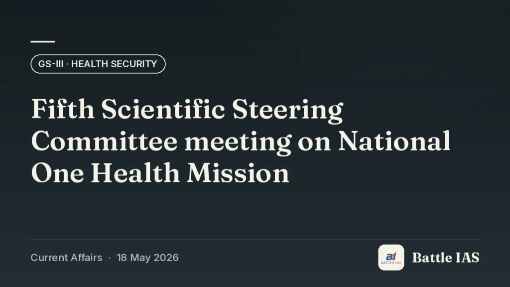 Battle IAS current affairs title card: Fifth Scientific Steering Committee meeting on National One Health Mission (GS3 · Health security, 18 May 2026)