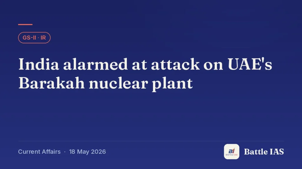 Battle IAS current affairs title card: India alarmed at attack on UAE's Barakah nuclear plant (GS2 · IR, 18 May 2026)