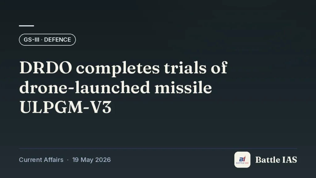 Battle IAS current affairs title card: DRDO completes trials of drone-launched missile ULPGM-V3 (GS3 · Defence, 19 May 2026)