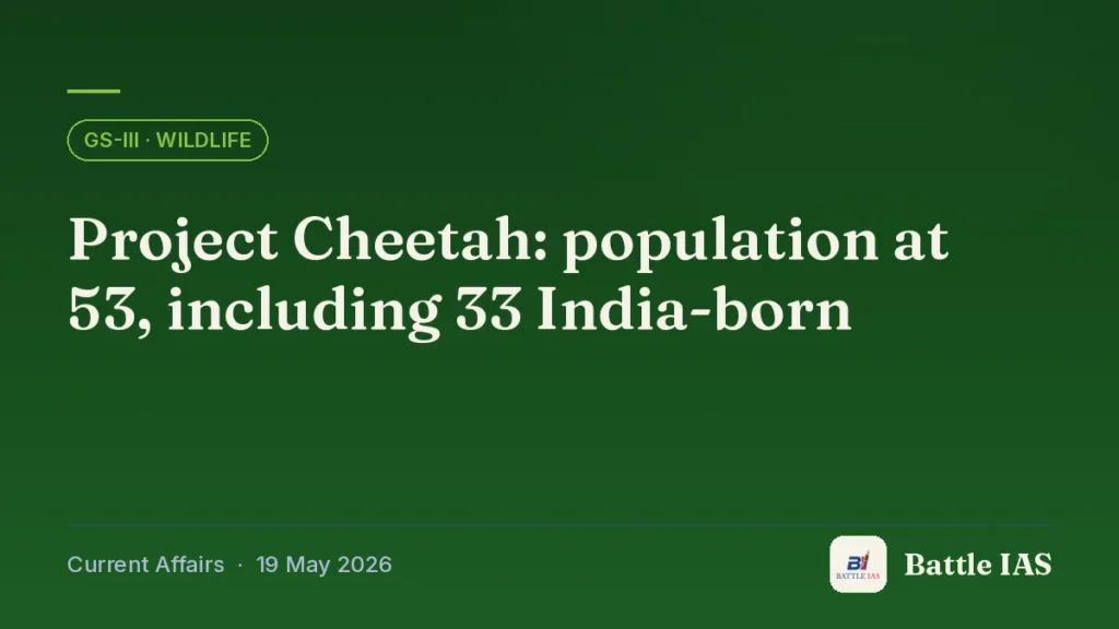 Battle IAS current affairs title card: Project Cheetah: population at 53, including 33 India-born (GS3 · Wildlife, 19 May 2026)