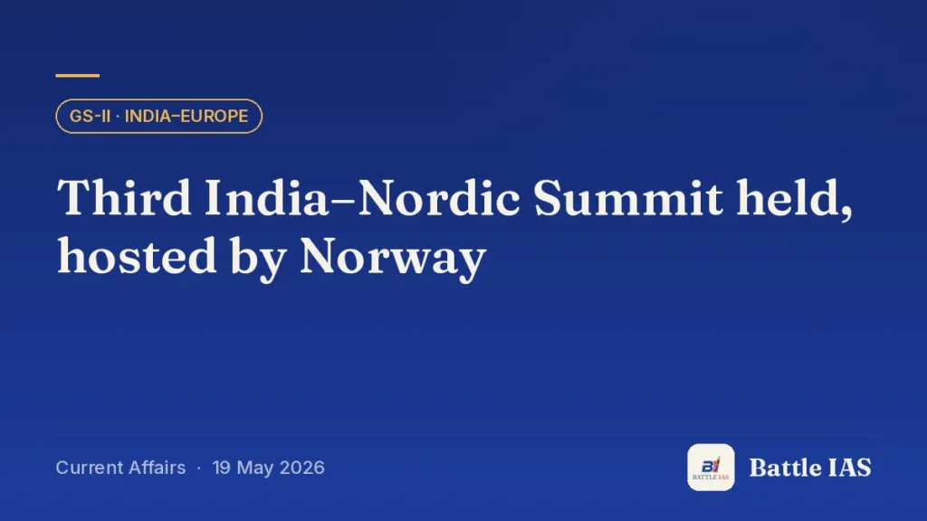 Battle IAS current affairs title card: Third India–Nordic Summit held, hosted by Norway (GS2 · India–Europe, 19 May 2026)