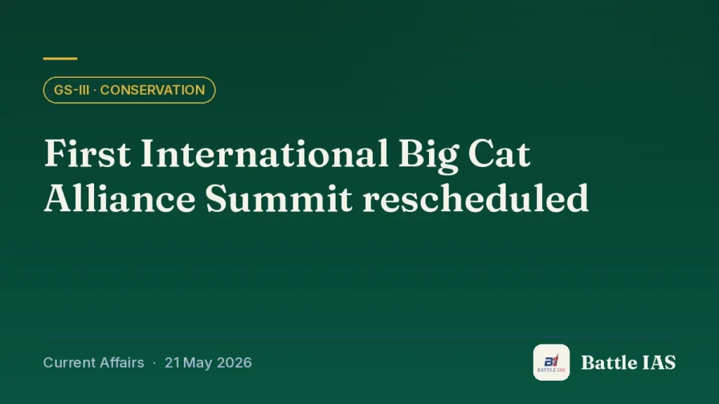 Battle IAS current affairs title card: First International Big Cat Alliance Summit rescheduled (GS3 · Conservation, 21 May 2026)
