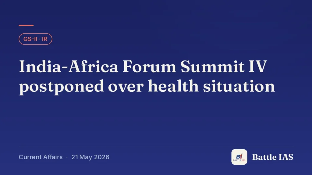 Battle IAS current affairs title card: India-Africa Forum Summit IV postponed over health situation (GS2 · IR, 21 May 2026)