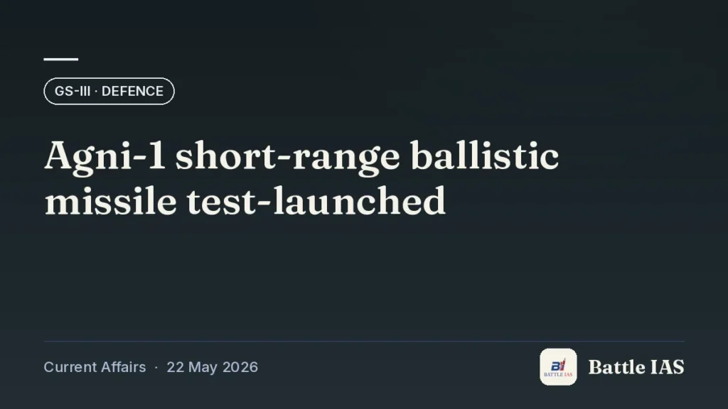 Battle IAS current affairs title card: Agni-1 short-range ballistic missile test-launched (GS3 · Defence, 22 May 2026)