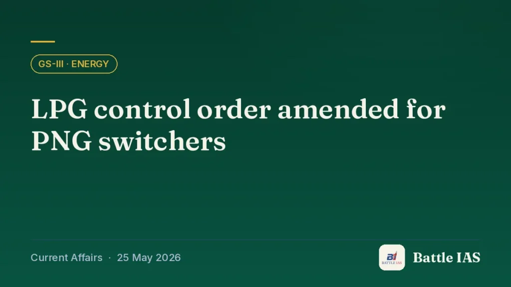 Battle IAS current affairs title card: LPG control order amended for PNG switchers (GS3 · Energy, 25 May 2026)